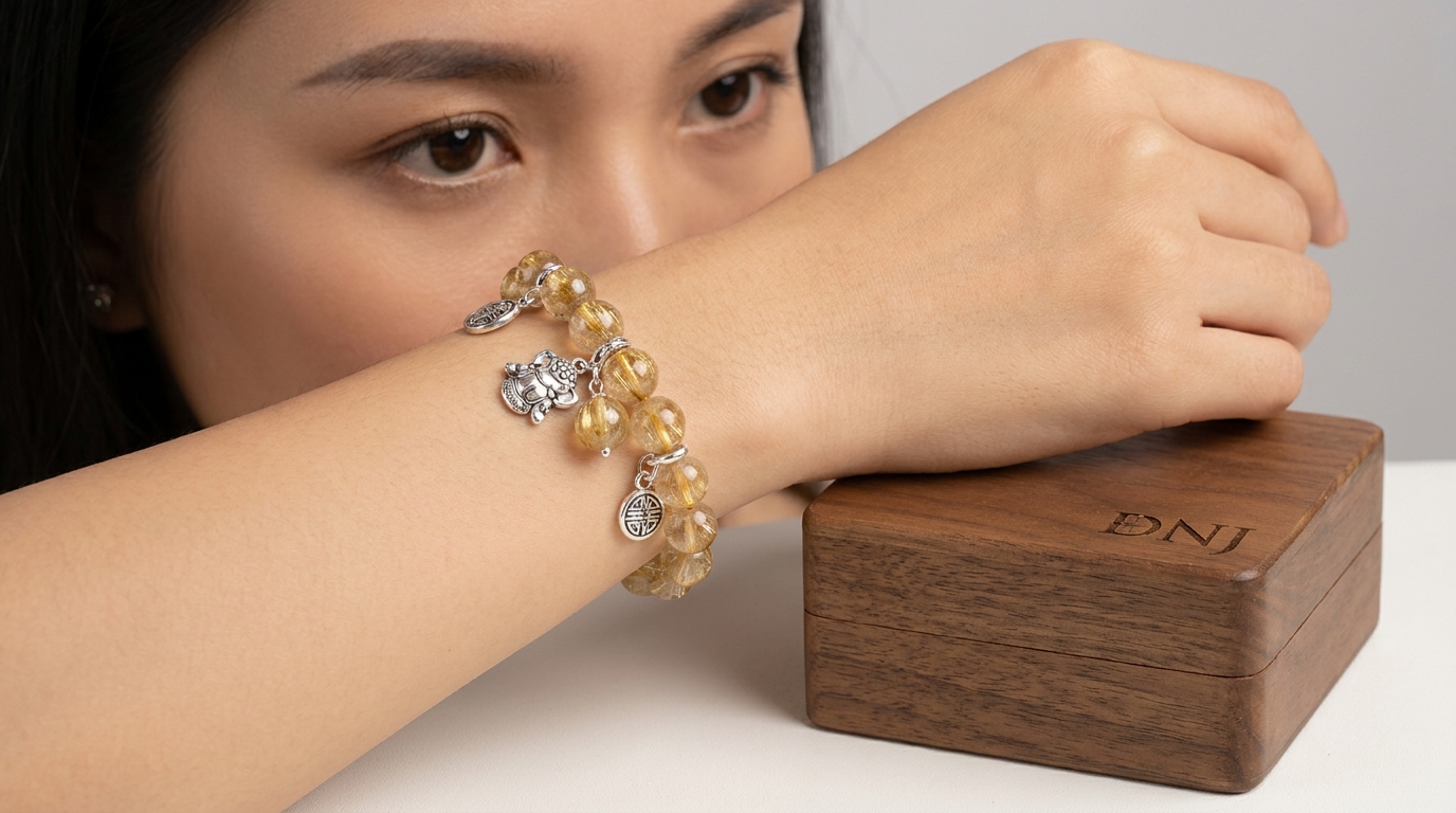 Vòng tay mix charm bạc Thái và đá Thạch anh tóc vàng lấp lánh