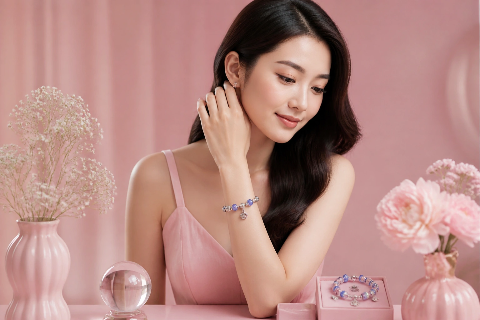 Vòng Charm DNJ với các hạt charm hình cầu đá Murano xanh bích biểu tượng cho sự an nhiên