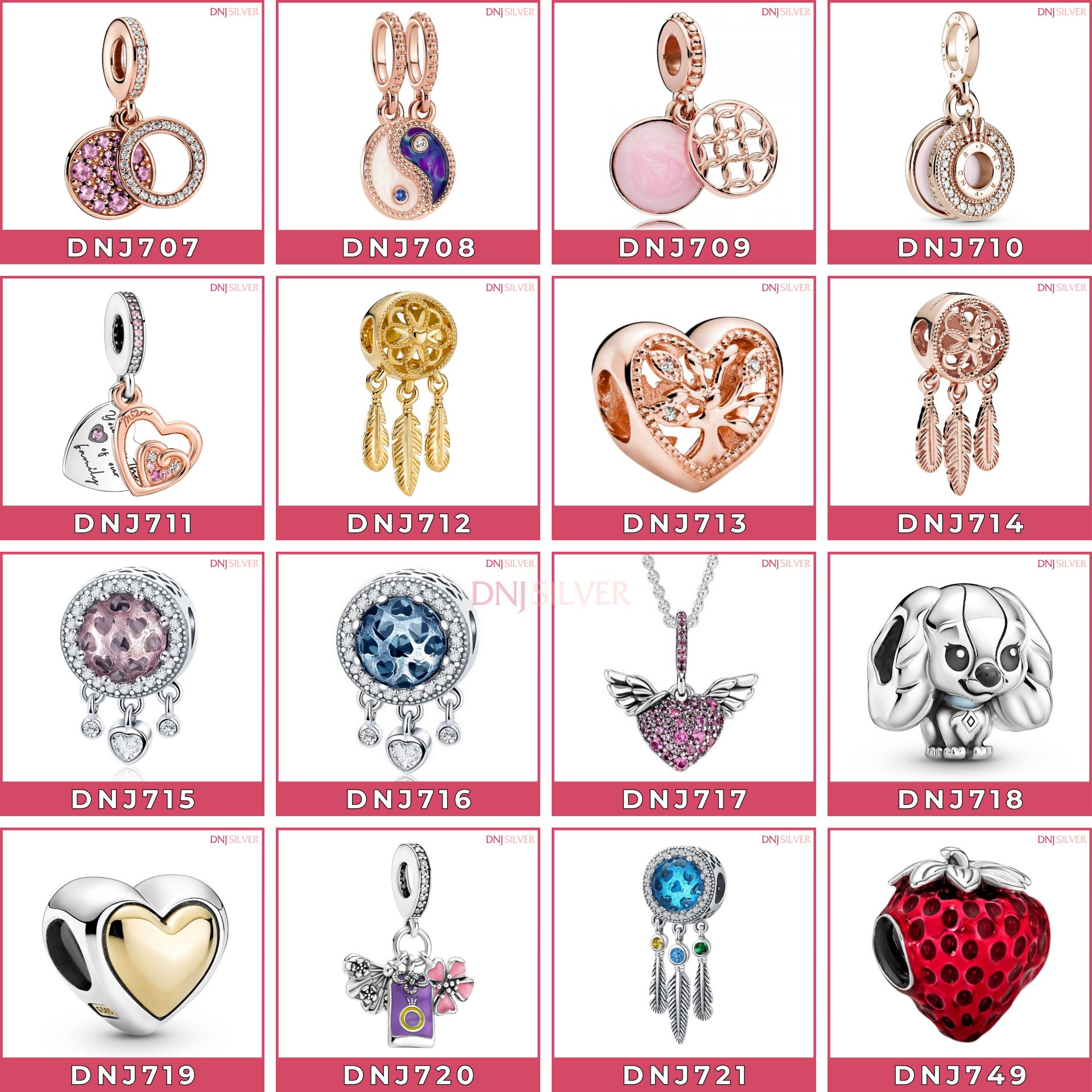 Charm bạc 925 cao cấp, bộ tổng hợp các mẫu charm bạc DNJ để mix vòng charm - Bộ sản phẩm từ DN707 đến DN721 - TH42