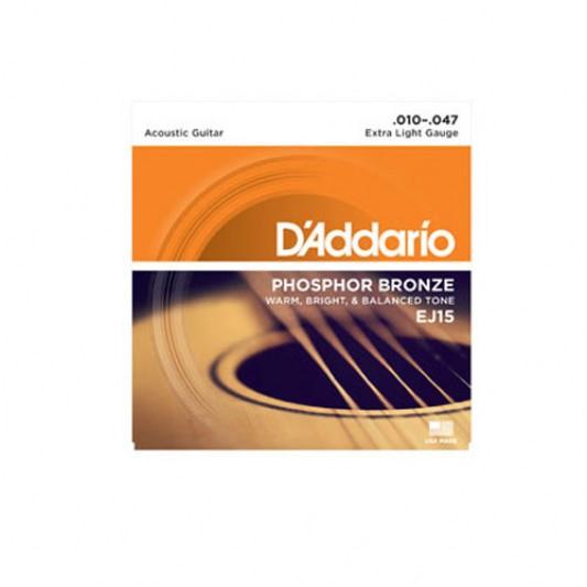 D'ADDARIO EXP15 COATED PHOSPHOR BRONZE ACOUSTIC GUITAR STRINGS, EXTRA LIGHT, 10-47