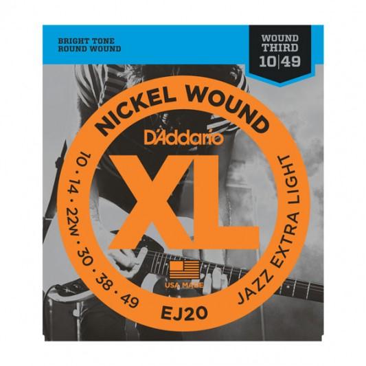 D'ADDARIO EJ20 NICKEL WOUND ELECTRIC GUITAR STRINGS, JAZZEXTRA LIGHT, 10-49