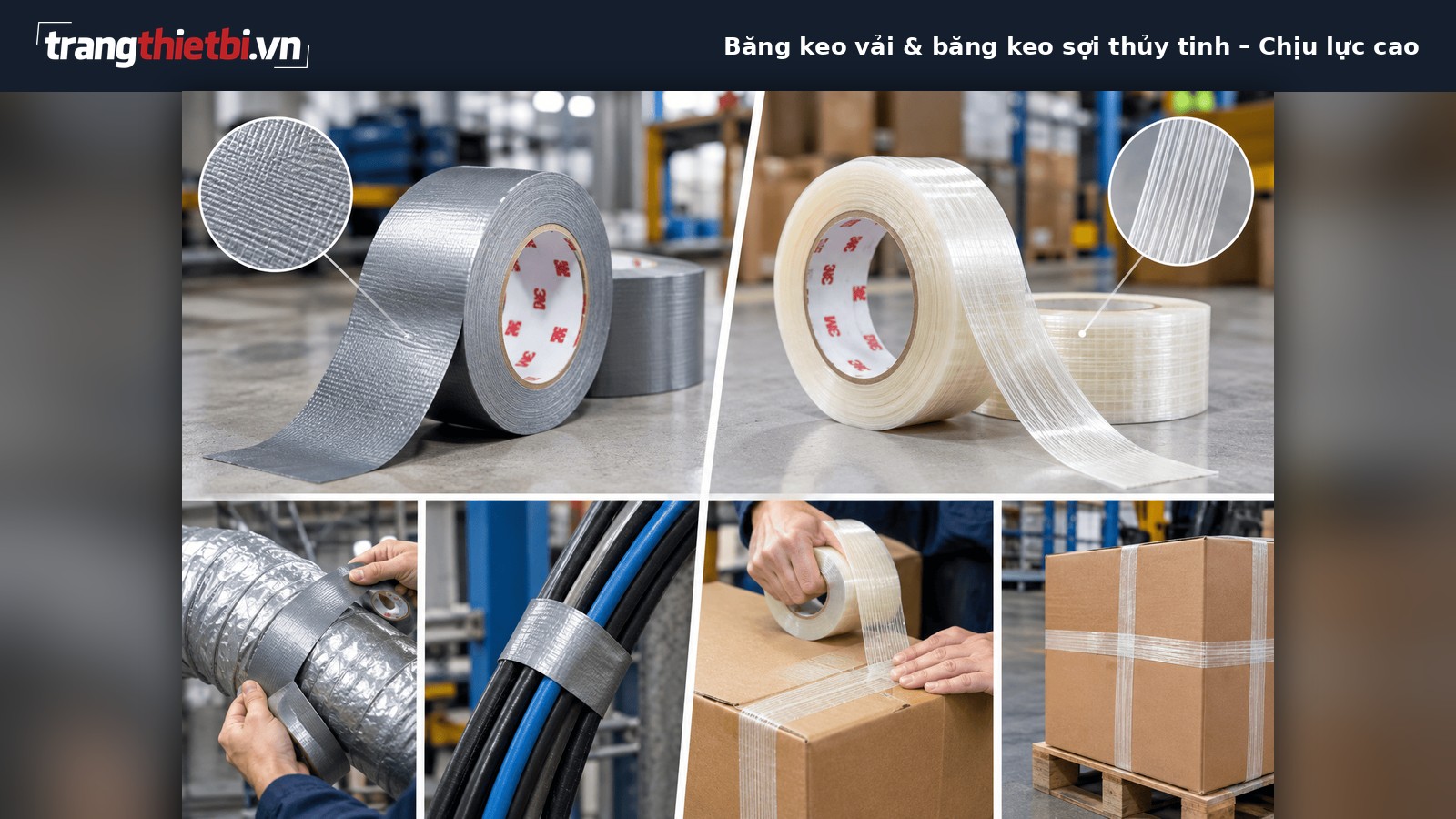 Băng keo vải và băng keo sợi thủy tinh công nghiệp 3M chuyên dụng gia cố thùng hàng và quấn ống điện nước