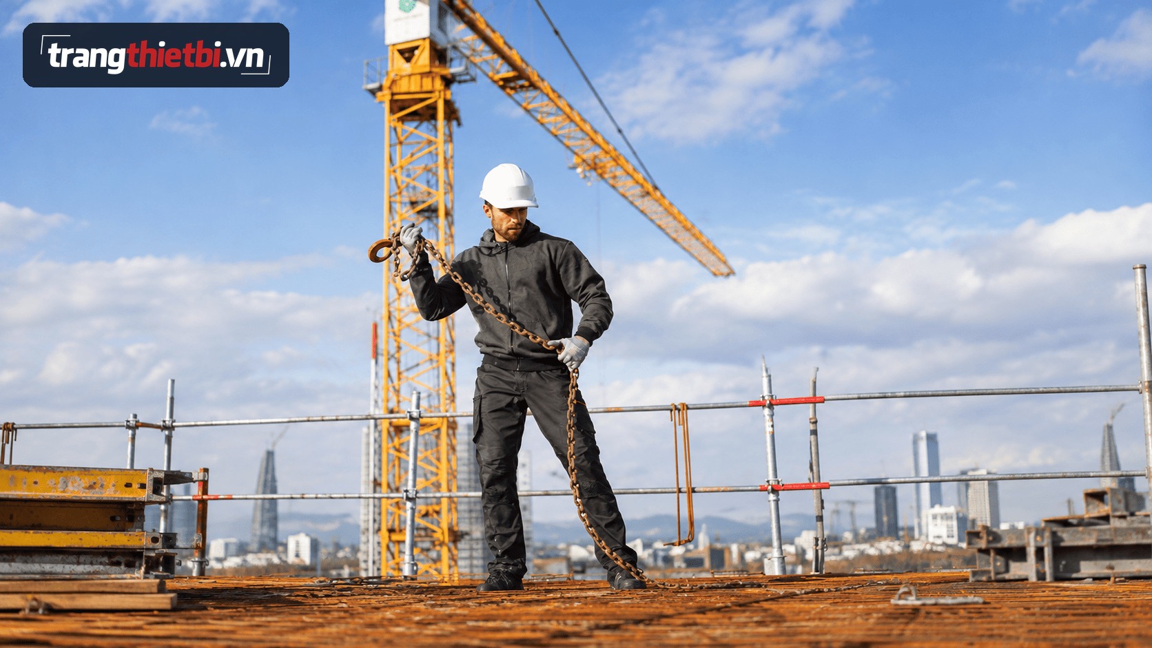 Công nhân đội mũ bảo hộ trắng mang găng tay và giày bảo hộ đang kéo xích móc cẩu trên sàn công trình cao tầng