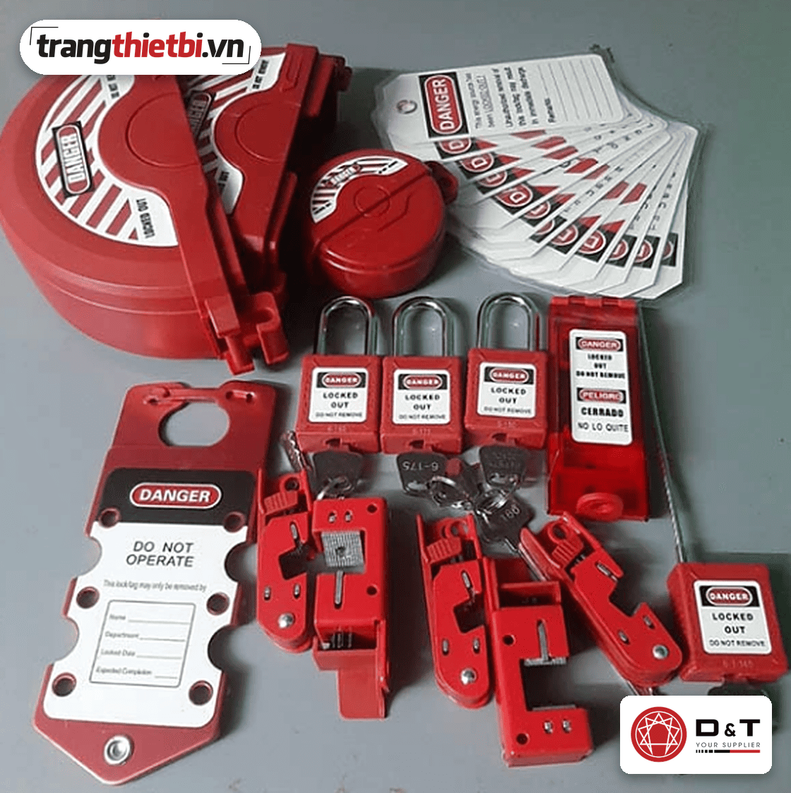 Bộ khóa an toàn Lockout Tagout LOTO gồm ổ khóa van cắm thẻ cảnh báo Danger Do Not Operate