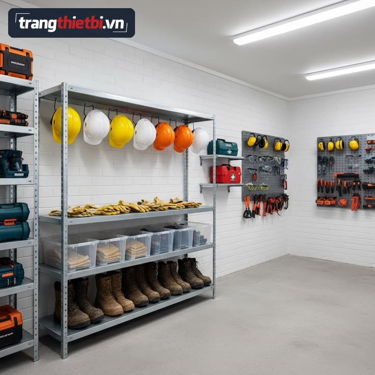Kho lưu trữ cất giữ trang thiết bị bảo hộ lao động ppe tiêu chuẩn bao gồm kệ treo mũ bảo hộ khay găng tay giá để giày và bảng treo dụng cụ