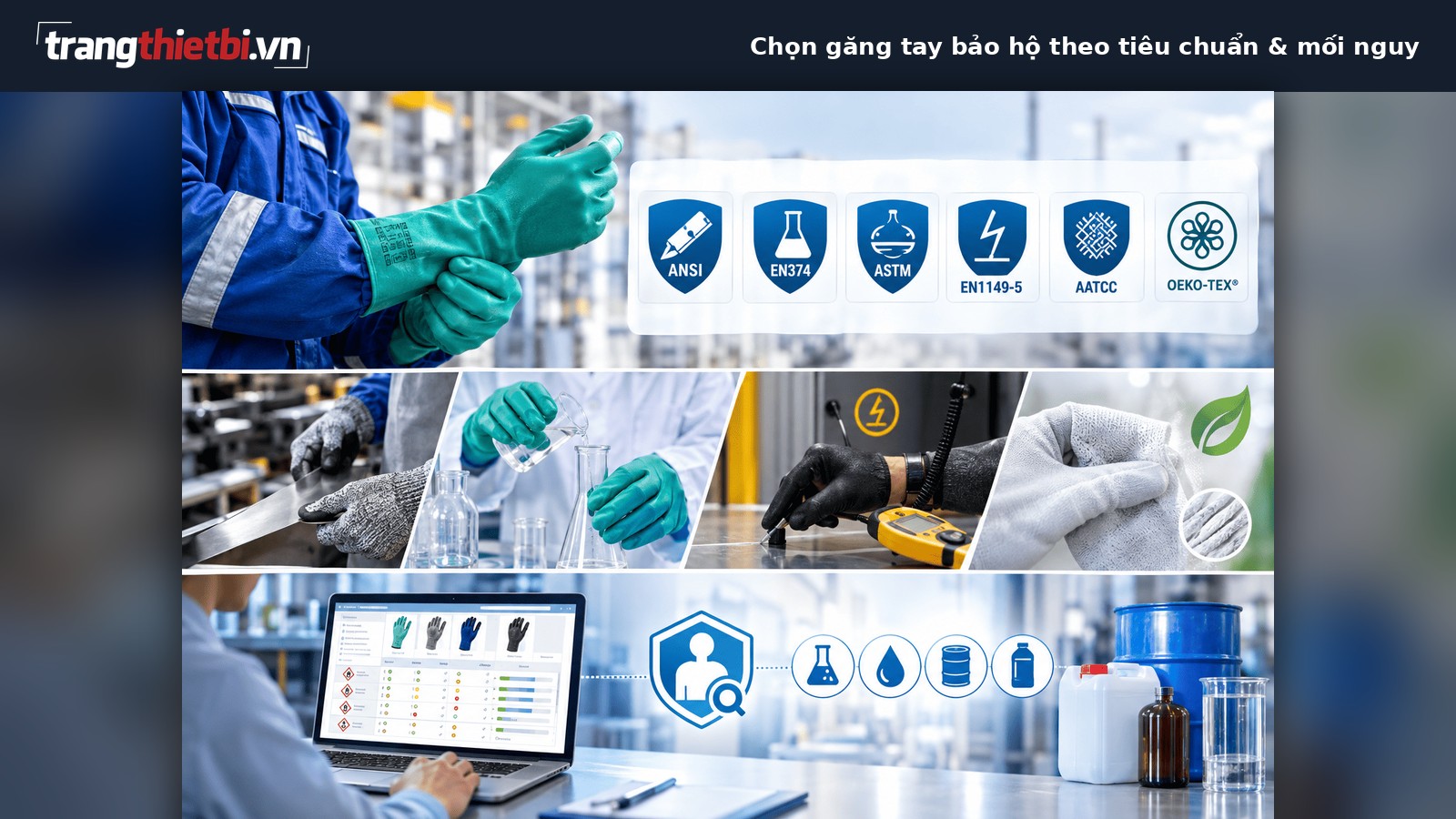 minh họa các tiêu chuẩn an toàn quốc tế ANSI, EN374, ASTM áp dụng trong kiểm định găng tay và thiết bị bảo hộ chống hóa chất công nghiệp