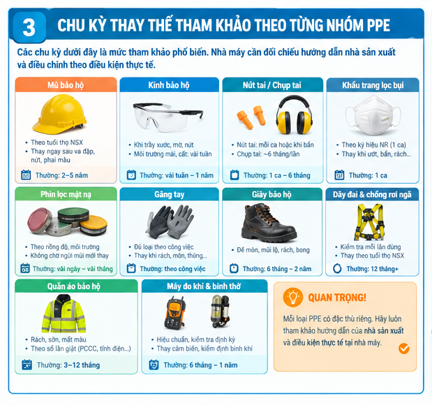 Bảng chu kỳ thay thế tham khảo cho các nhóm PPE mũ bảo hộ kính nút tai khẩu trang phin lọc găng tay giày dây đai và máy đo khí
