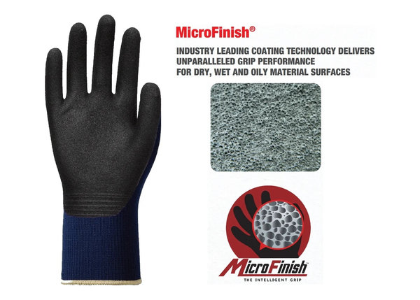 Công nghệ Microfinish giúp bề mặt găng tay bảo hộ bám dính tuyệt đối trong môi trường ướt dầu