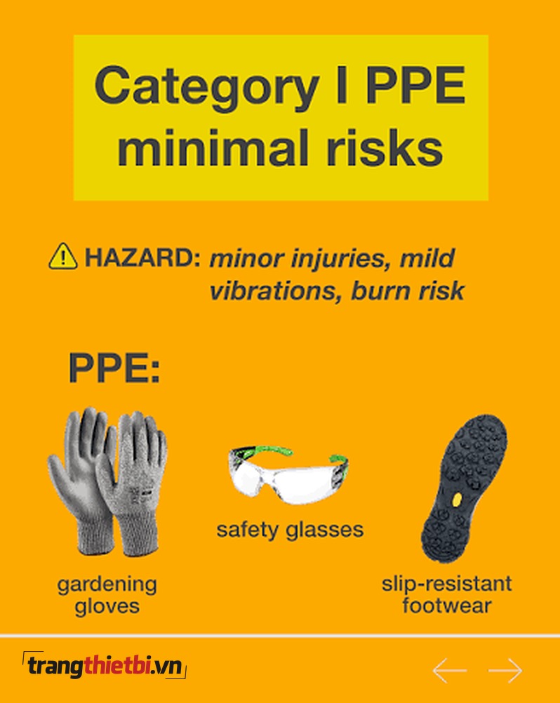 Phân loại thiết bị bảo hộ lao động cá nhân PPE Danh mục I chống rủi ro tối thiểu Category I PPE