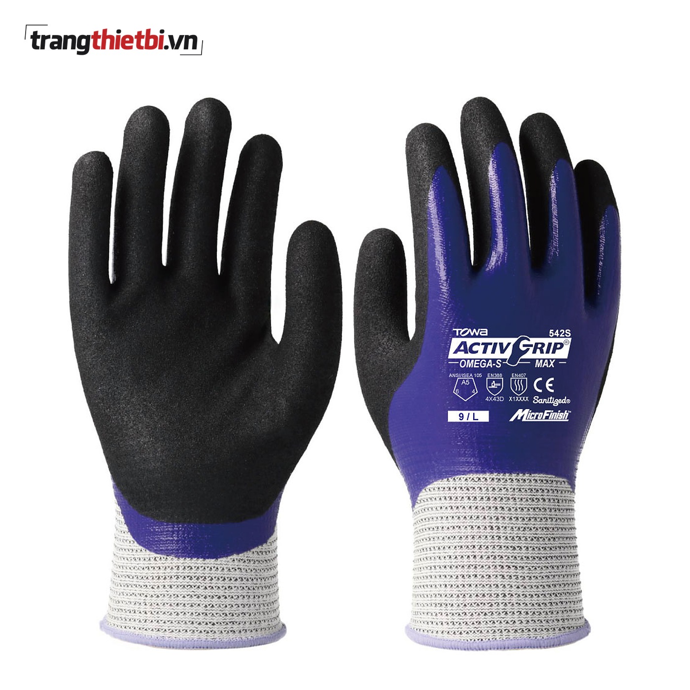 Găng tay chống cắt cấp D ANSI A5 Towa ActivGrip Omega-S Max 542S phủ Nitrile đúp chống dầu 360 độ