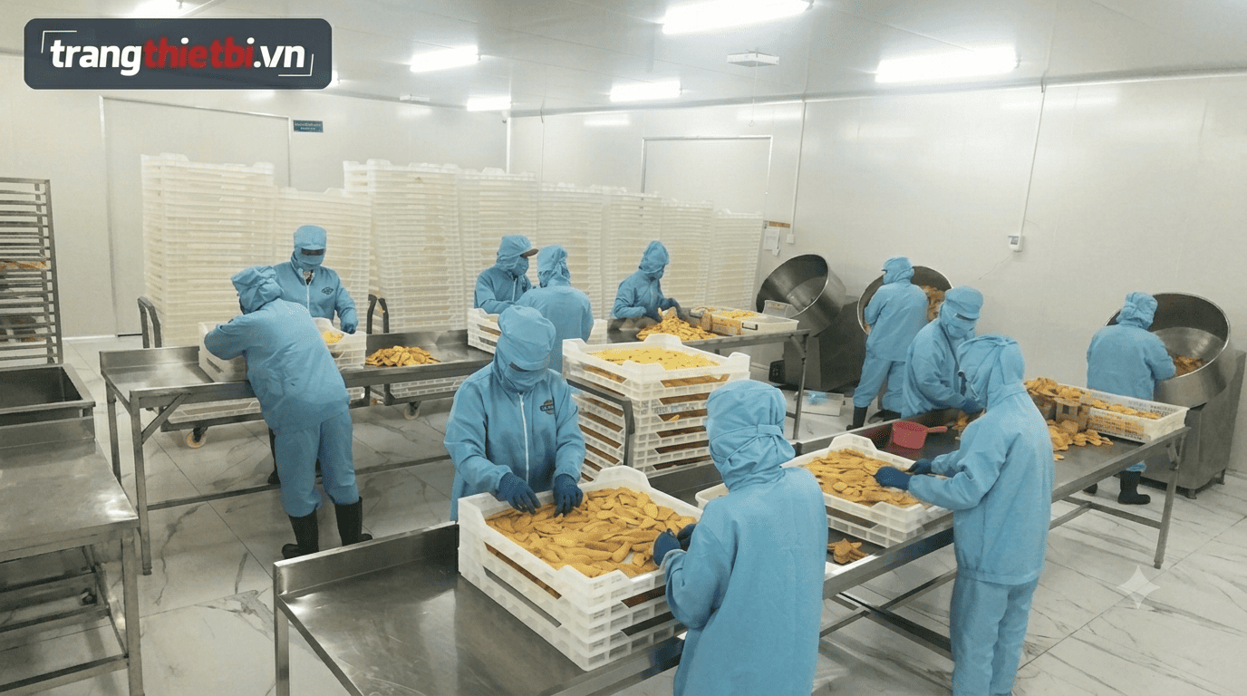 Các công nhân mặc quần áo bảo hộ phòng sạch màu xanh liền mũ khẩu trang đeo găng tay nitrile đang xếp xoài sấy trên khay trong xưởng chế biến thực phẩm