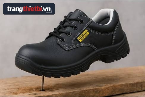 Giày bảo hộ lao động cổ thấp bằng da màu đen chống đâm xuyên khi giẫm lên đinh nhọn trên thanh gỗ