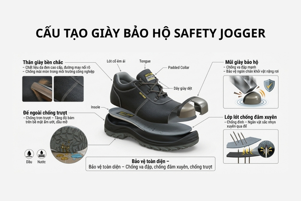 Giày bảo hộ Jogger tích hợp mũi thép/composite chống va đập 200J, đế chống đinh và chống trơn