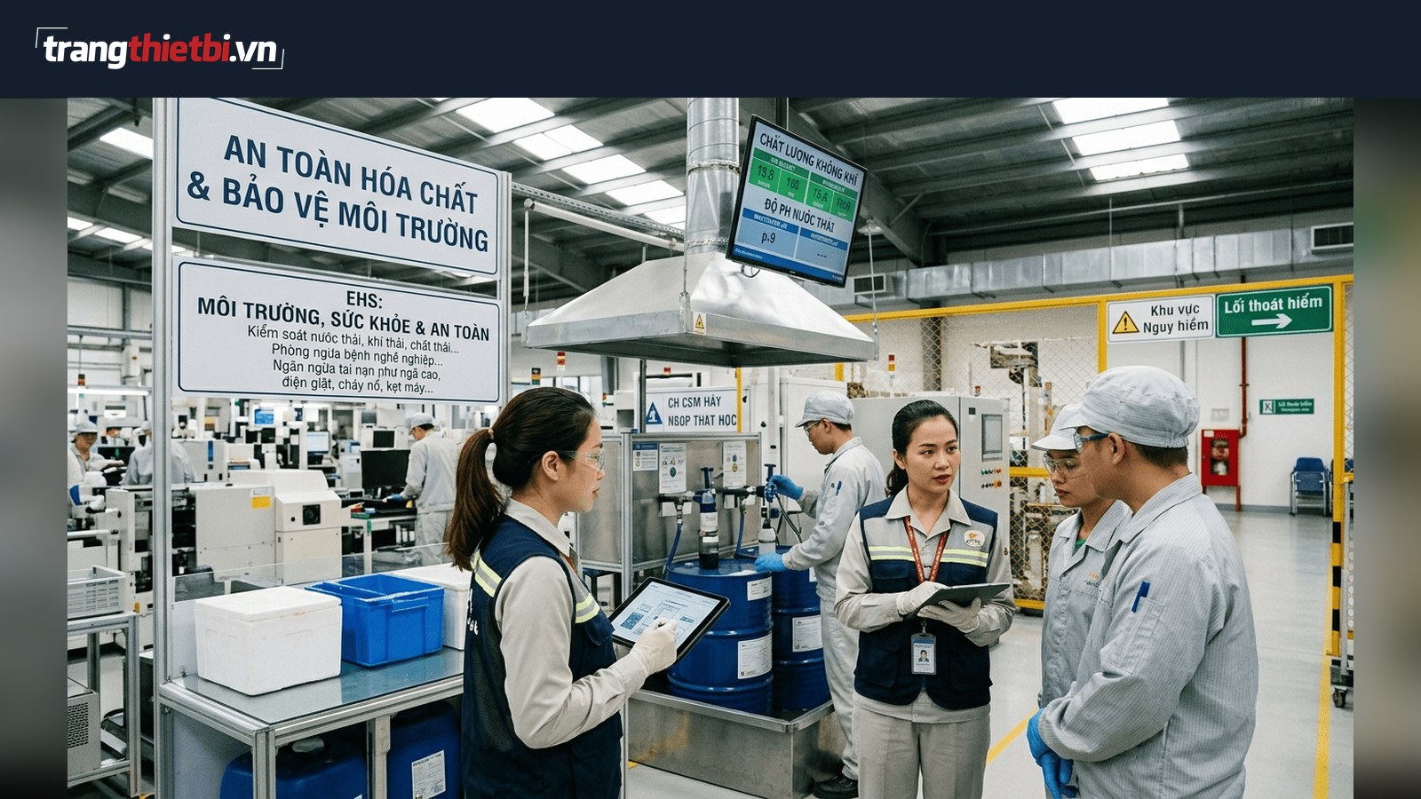 Chuyên viên EHS kiểm tra quy trình an toàn hóa chất và chỉ số môi trường tại nhà máy
