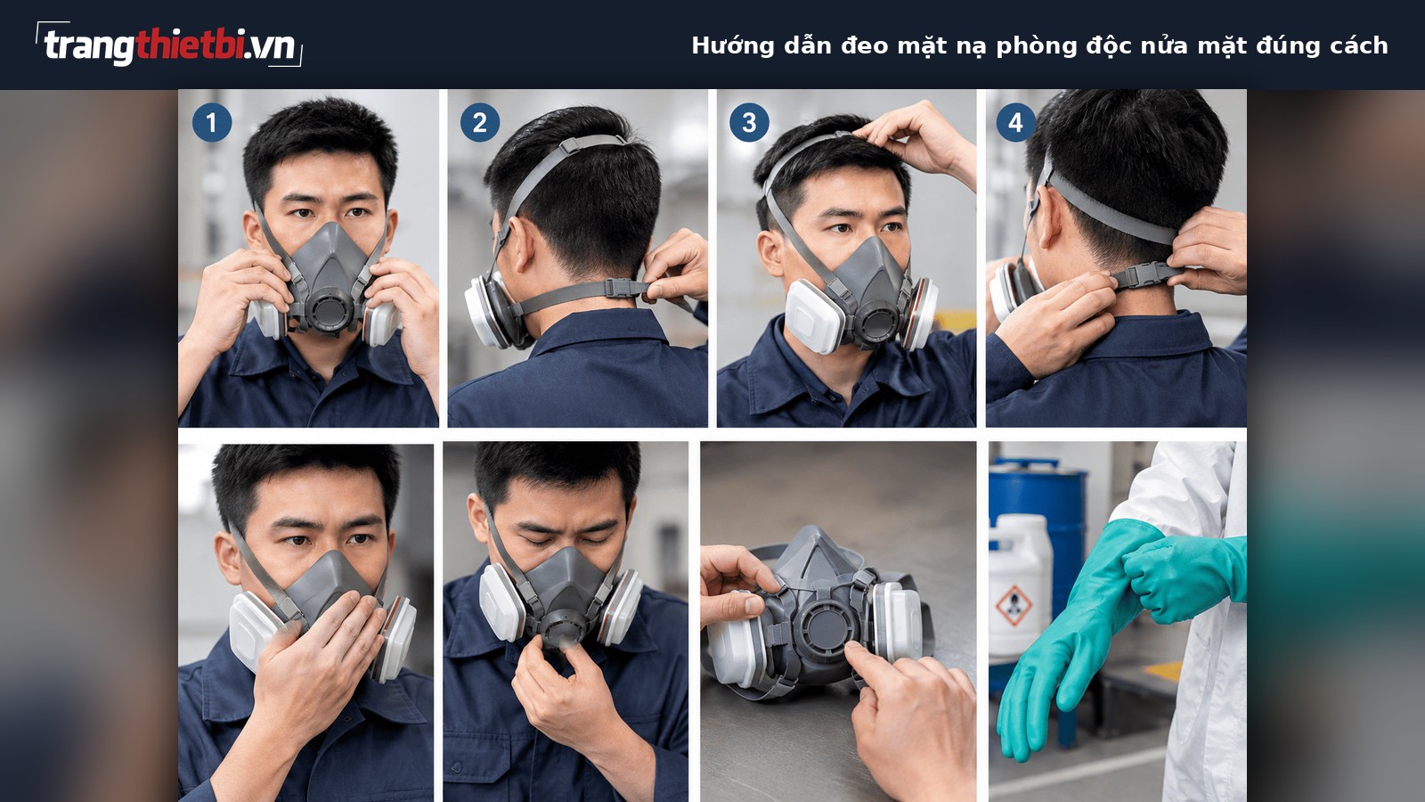 hướng dẫn các bước đeo mặt nạ phòng độc 3M đúng kỹ thuật và kiểm tra độ kín khít an toàn trước khi làm việc