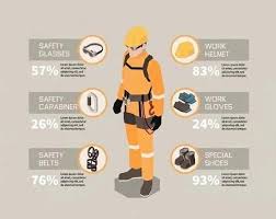 Infographic tỷ lệ trang bị bảo hộ lao động gồm giày bảo hộ 93 phần trăm mũ bảo hộ 83 phần trăm dây an toàn 76 phần trăm kính bảo hộ 57 phần trăm