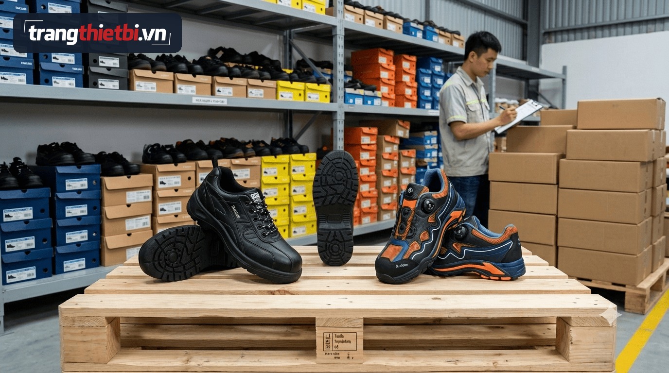 Tổng kho giày bảo hộ lao động sẵn hàng đa dạng mẫu mã giày cổ điển và giày thể thao khóa vặn nhân viên đang kiểm kê đơn hàng