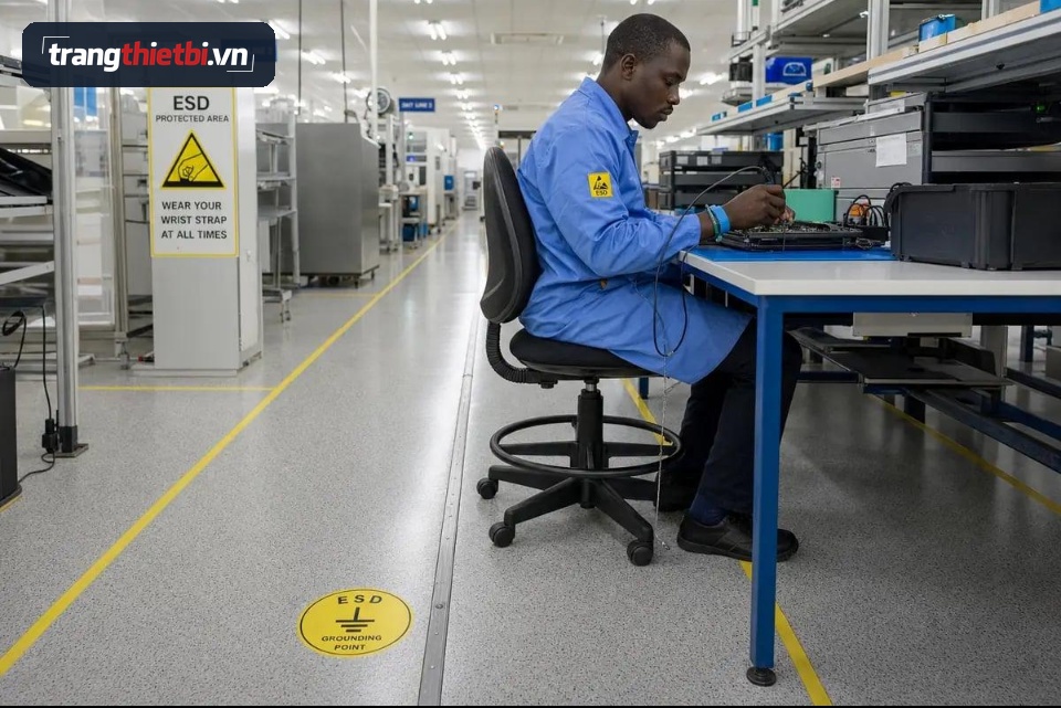 Kỹ thuật viên thao tác lắp ráp linh kiện điện tử trong khu vực bảo vệ chống tĩnh điện EPA ESD Protected Area
