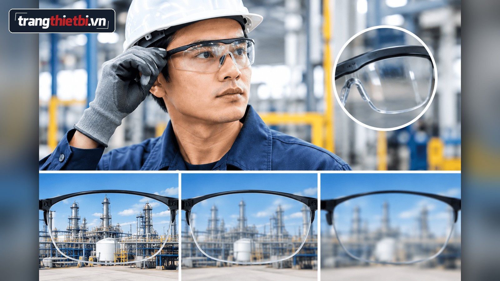 Hình ảnh công nhân đeo kính bảo hộ lao động chính hãng chuyên dụng bảo vệ mắt tại các nhà máy và khu công nghiệp