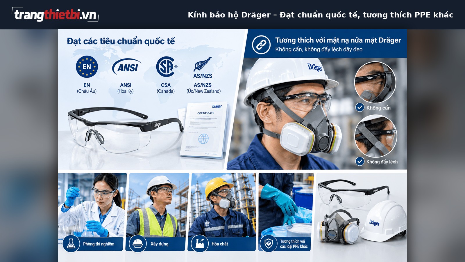 kính bảo hộ Dräger đạt các tiêu chuẩn EN, ANSI, CSA, AS/NZS, thiết kế tương thích hoàn hảo với mặt nạ phòng độc nửa mặt dùng trong nhà xưởng và phòng thí nghiệm