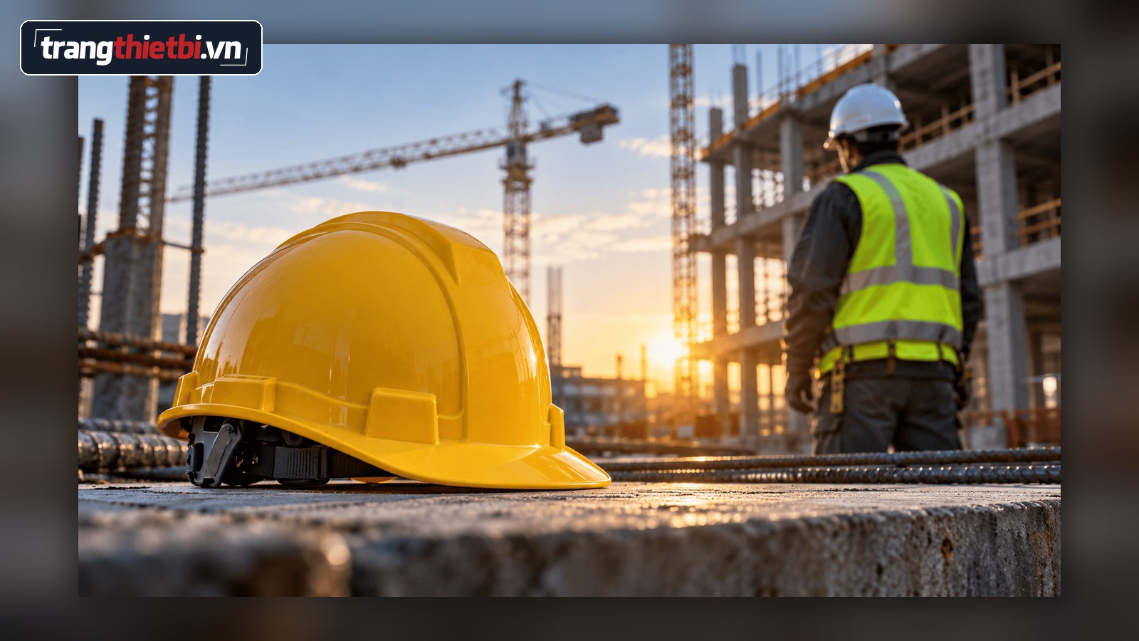 Hình ảnh chiếc mũ bảo hộ lao động màu vàng đặt tại công trường xây dựng minh họa cho các yêu cầu an toàn theo tiêu chuẩn EN 397