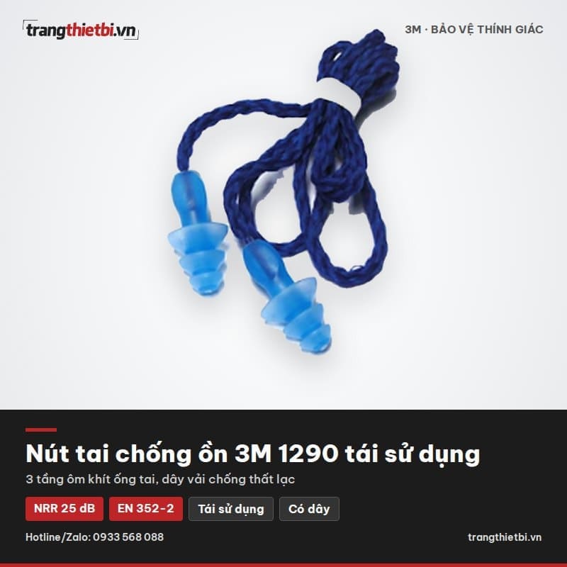 Nút tai chống ồn 3M 1290 tái sử dụng thiết kế 3 tầng có dây vải NRR 25dB EN 352-2