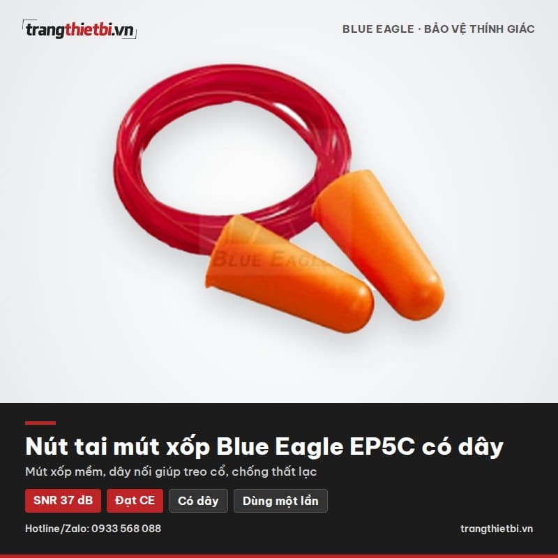 Nút tai mút xốp Blue Eagle EP5C có dây treo cổ giảm ồn SNR 37dB đạt chuẩn CE