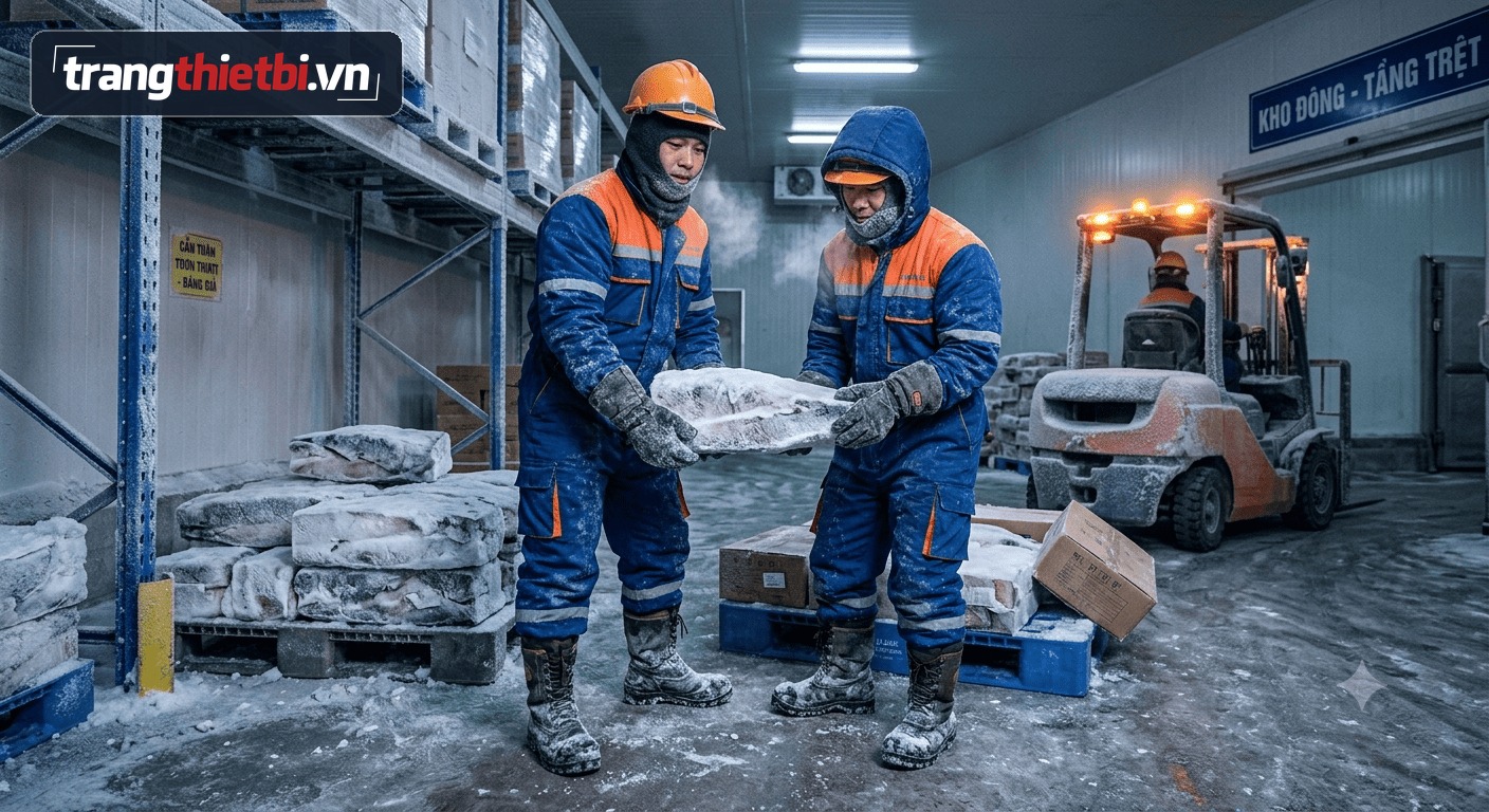 Hai công nhân mặc quần áo bảo hộ kho lạnh màu xanh cam đeo găng tay và đi ủng chống lạnh đang bê khối hàng đông lạnh trong kho âm sâu