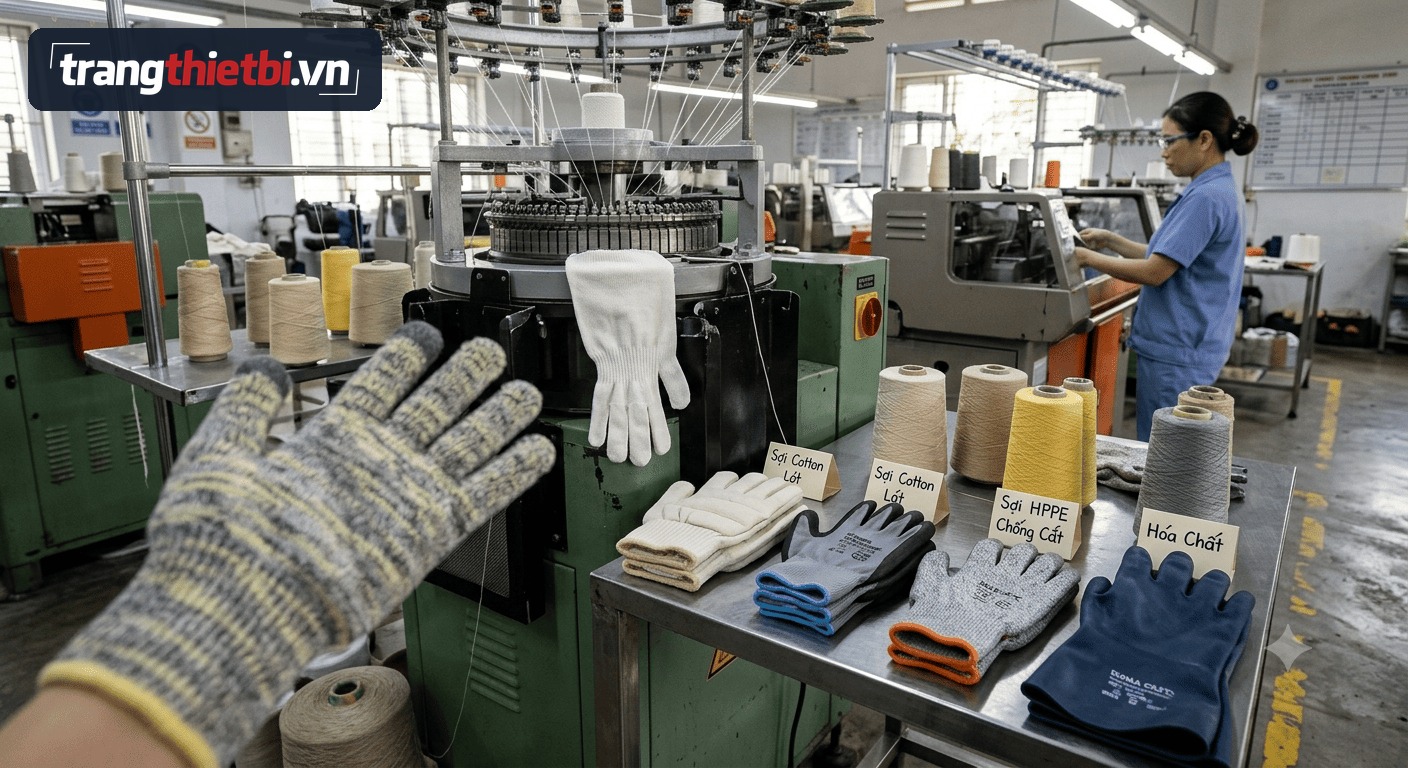 Quy trình sản xuất găng tay bảo hộ dệt kim gồm cuộn sợi cotton sợi HPPE chống cắt găng tay phủ nitrile và máy dệt tự động trong nhà máy