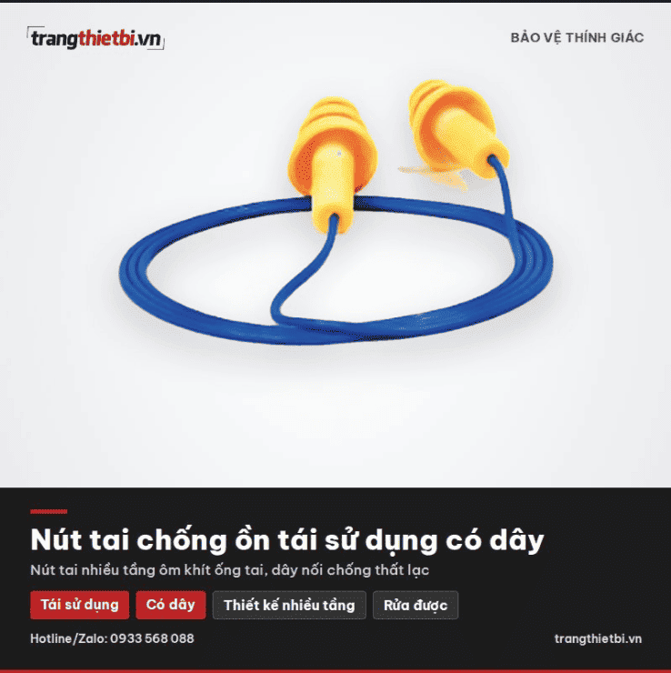Nút tai chống ồn tái sử dụng có dây thiết kế nhiều tầng màu vàng rửa được