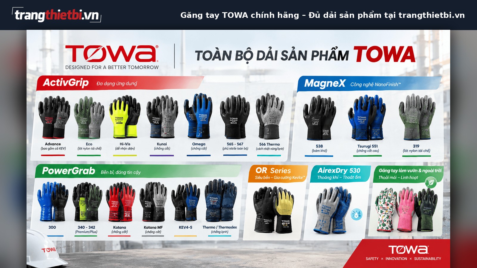 tổng hợp các dòng găng tay bảo hộ Towa gồm ActivGrip, MagneX, PowerGrab và OR Series chuyên dụng cho công nghiệp