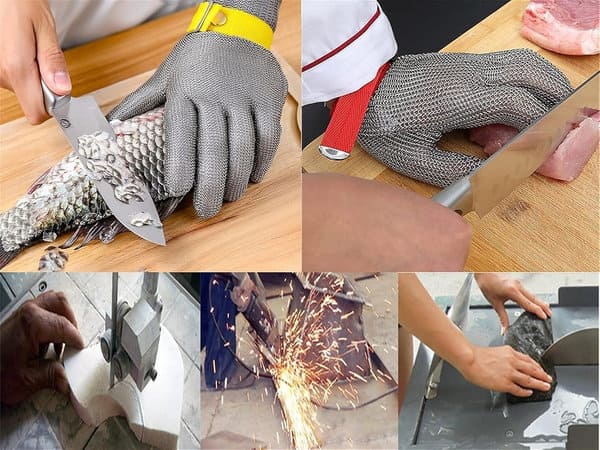 Công nhân sử dụng găng tay chống cắt sợi thép khi gia công tấm kim loại sắc bén