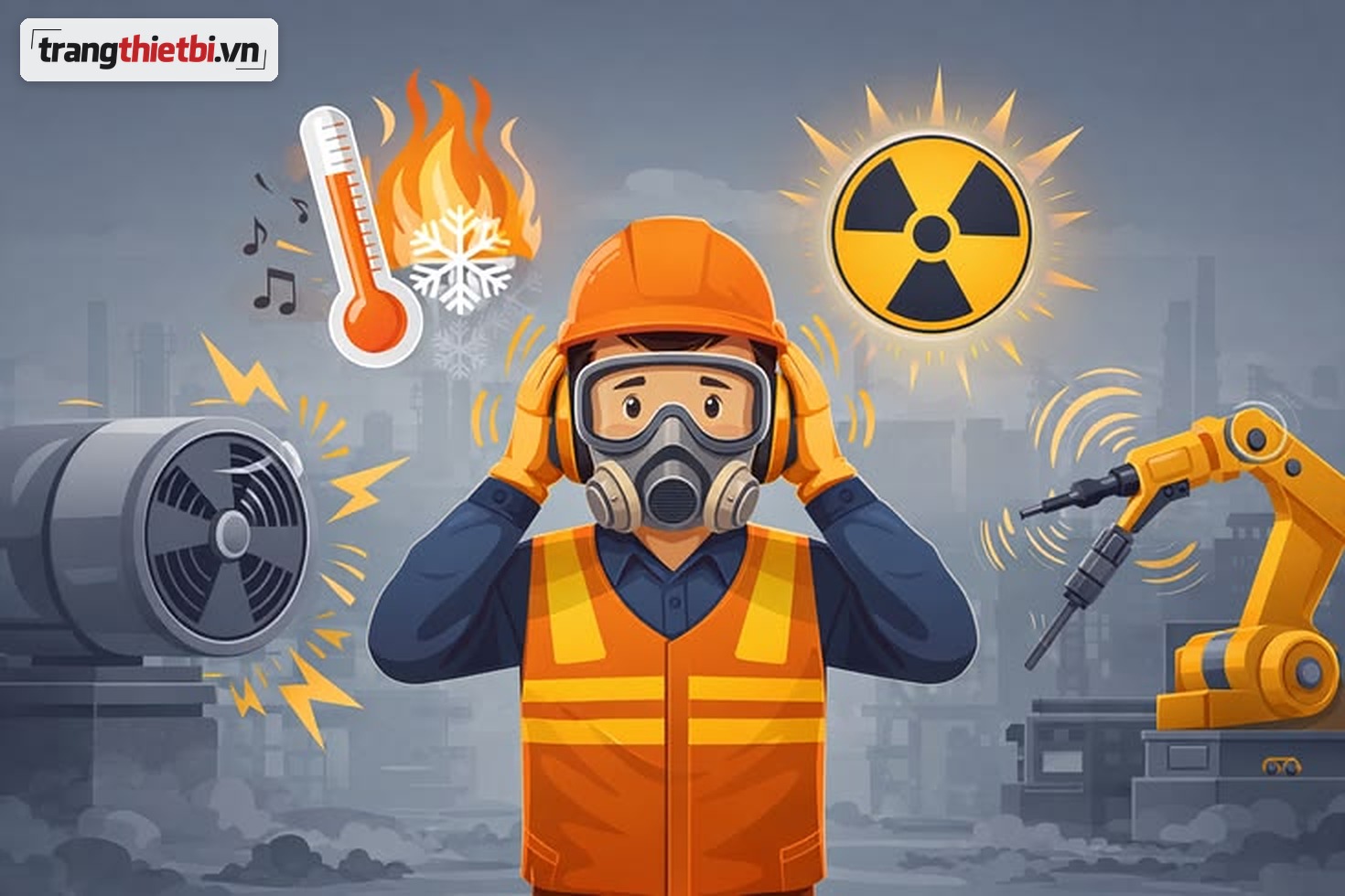 Các yếu tố nguy hiểm và có hại trong môi trường lao động bao gồm tiếng ồn nhiệt độ bức xạ phóng xạ và độ rung máy móc