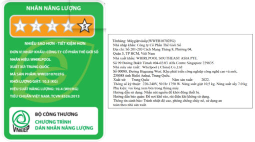 Máy giặt sấy Whirlpool Inverter 10.5 kg WWEB10702FG