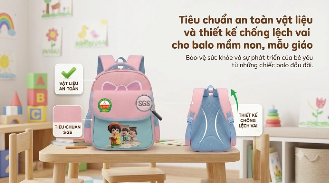 Khi đặt may balo B2B cho các trường mầm non, mẫu giáo và hệ thống trung tâm ngoại ngữ, yếu tố an toàn sức khỏe cho trẻ nhỏ luôn là ưu tiên hàng đầu