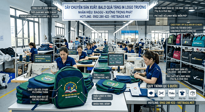 Balo quà tặng in logo trường THCS Ánh Dương sản xuất tại Xưởng Balo Trọng Phát