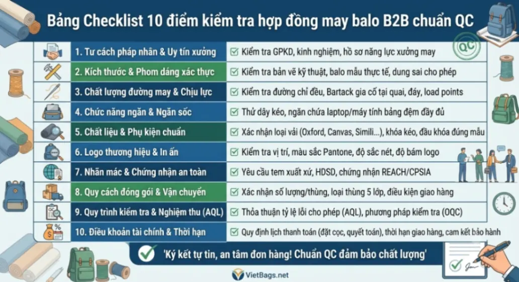 Bảng Checklist 10 điểm kiểm tra hợp đồng may balo B2B chuẩn QC