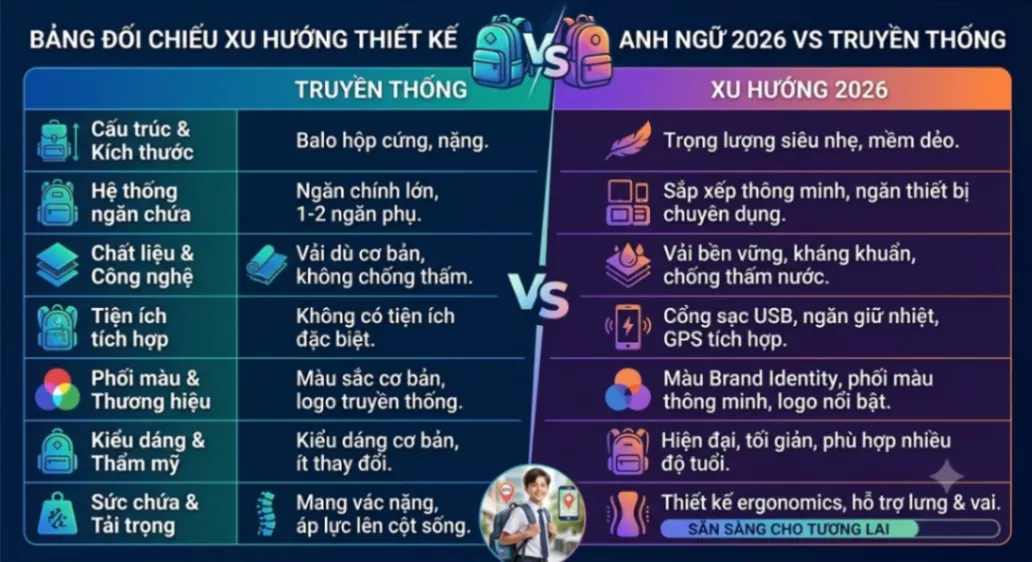 Bảng đối chiếu xu hướng thiết kế balo Anh ngữ 2026 vs Truyền thống