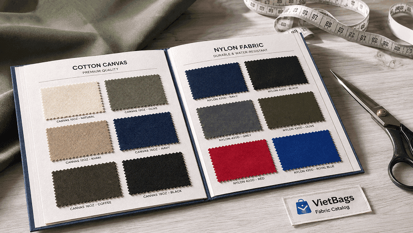Bộ catalogue mẫu vải Canvas và vải dù nhiều màu sắc tại xưởng may VietBags Hà Nội