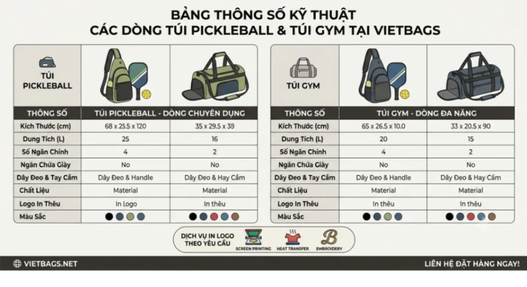 Bảng thông số kỹ thuật các dòng túi Pickleball & Túi Gym tại VietBags