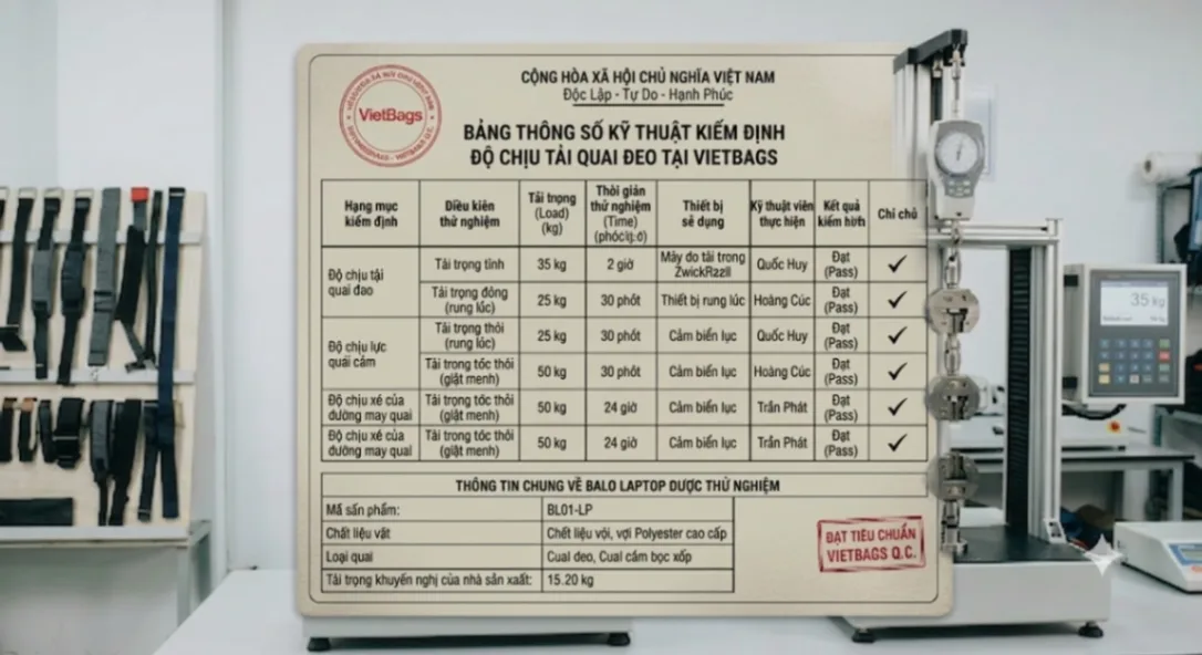 Bảng thông số kỹ thuật kiểm định độ chịu tải quai đeo tại VietBags