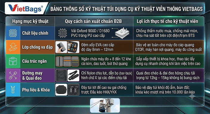 Bảng thông số kỹ thuật túi dụng cụ kỹ thuật viễn thông VietBags