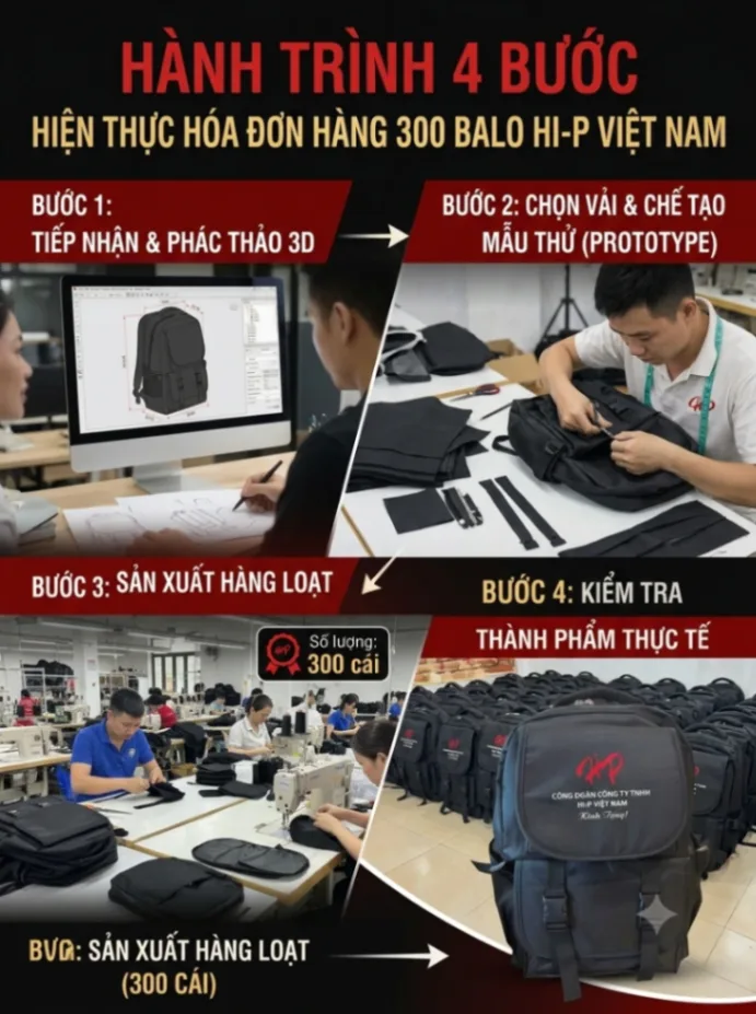 Hành trình 4 bước hiện thực hóa đơn hàng 300 balo Hi-P Việt Nam được sản xuất tại Xưởng Balo Trọng Phát
