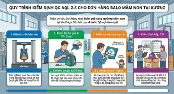 Quy trình kiểm định QC AQL 2.5 cho đơn hàng balo mầm non tại xưởng