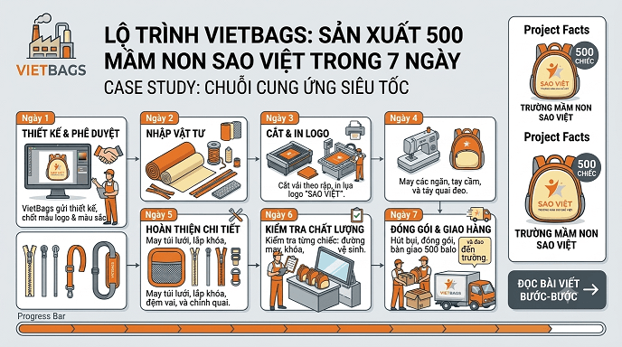 Xưởng balo VietBags sản xuất 500 balo học sinh cho Trường Mầm Non Sao Việt trong 7 ngày