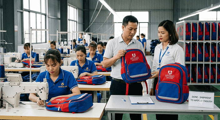 Công nhân xưởng may VietBags kiểm tra đường may và đóng gói thùng balo giao cho khách hàng B2B