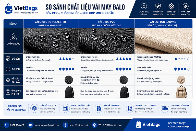 Mẫu vải D1680 PVC chống thấm và vải Canvas may balo quà tặng doanh nghiệp tại VietBags
