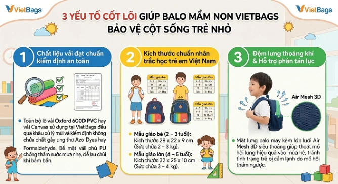 3 Yếu tố cốt lõi giúp balo mầm non VietBags bảo vệ cột sống trẻ nhỏ