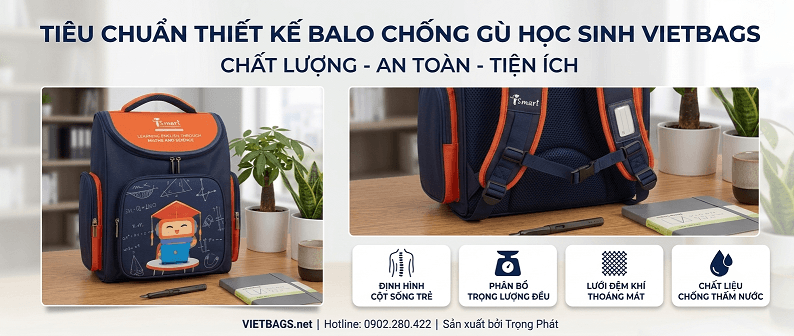 Cấu tạo tiêu chuẩn balo học sinh chống gù bảo vệ cột sống với quai đeo đệm xốp và vệt phản quang tại sản xuất tại VietBags