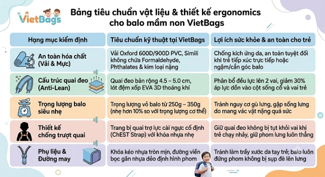 Bảng tiêu chuẩn vật liệu &amp; thiết kế ergonomics cho balo mầm non VietBags